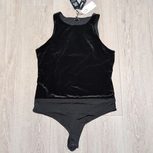 Express Black Velvet Sleeveless Thong Bodysuit Keyhole Back Womens Size L